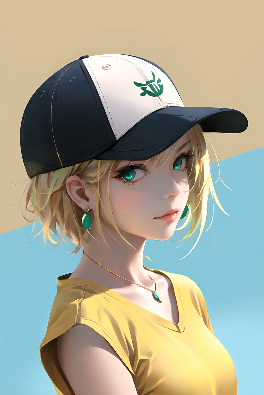 wlop,  masterpiece, best quality, 1girl, aqua eyes, baseball cap, blonde hair, closed mouth, earrings, green background, h...